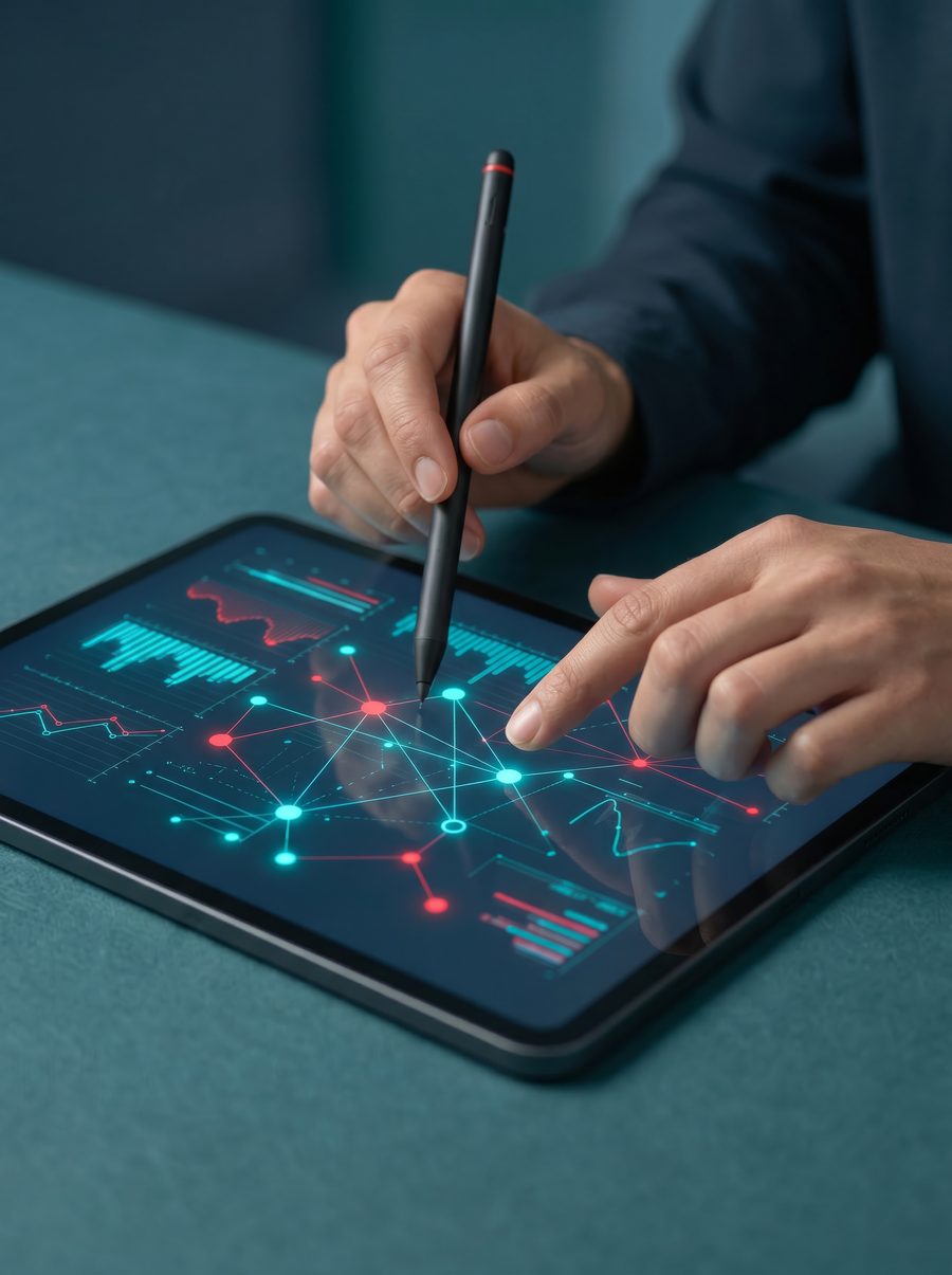 Working on a tablet showing a connected data network